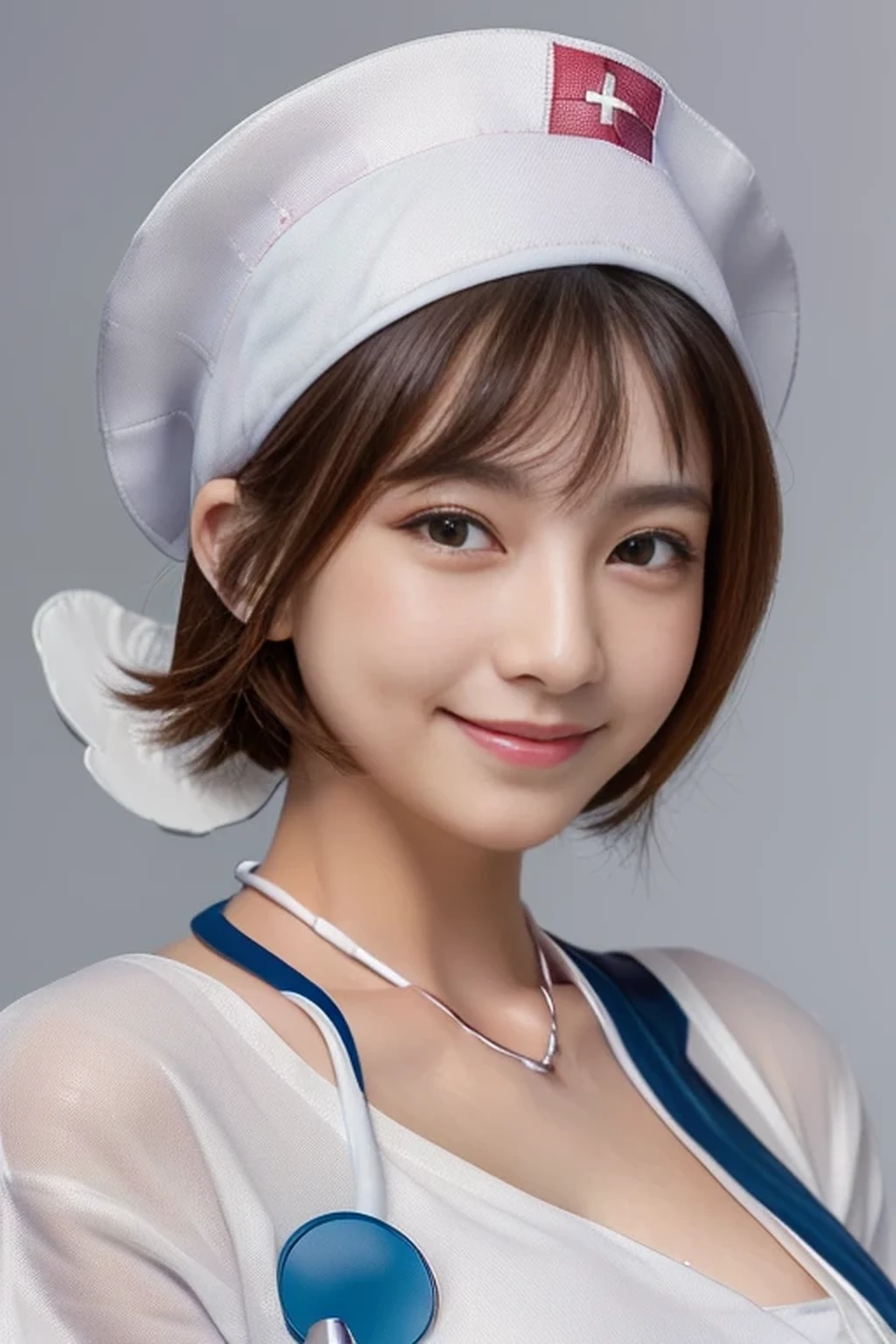 (8k, best quality, masterpiece, super detailed:1.5), (beautiful Japanese woman, shirt cut hair, smile:1.2), (wearing white Nurse's uniform, Nurse's cap :1.5), huge breasts