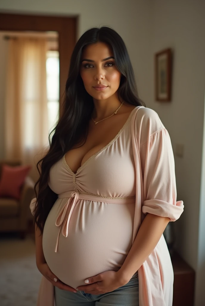 Your POV view when you have a pregnant Kim Kardashian plus size stepmother at home. Long shot camera view, iphone camera style. HD, realface, cinematic