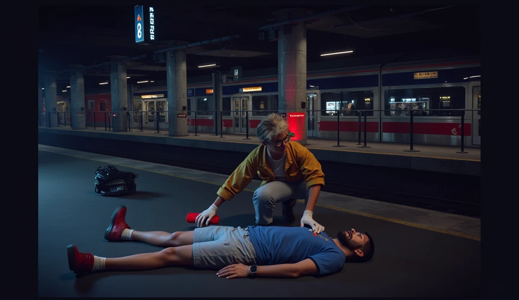 Scene at subway station,A subway train passing by in the background,Someone in front is using an AED to rescue the person lying down,3d,OC Renderer,High quality local rendering, Clean 3D Rendering,Hyper-realistic 3D rendering