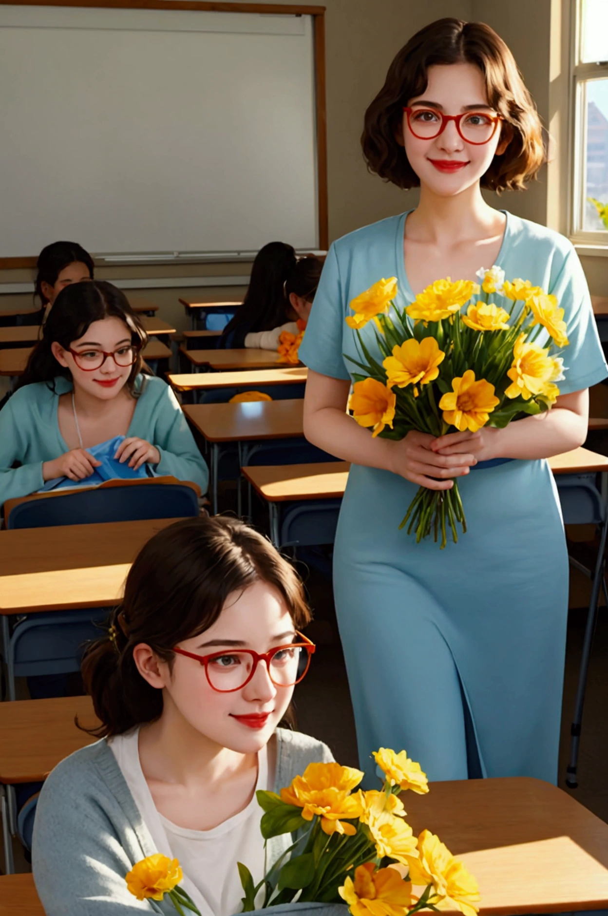 The classroom is filled with sunshine in the afternoon, A teacher wearing glasses happily holds flowers sent by students, warm tone, teacher‘s character design, Pixar stylcharacter