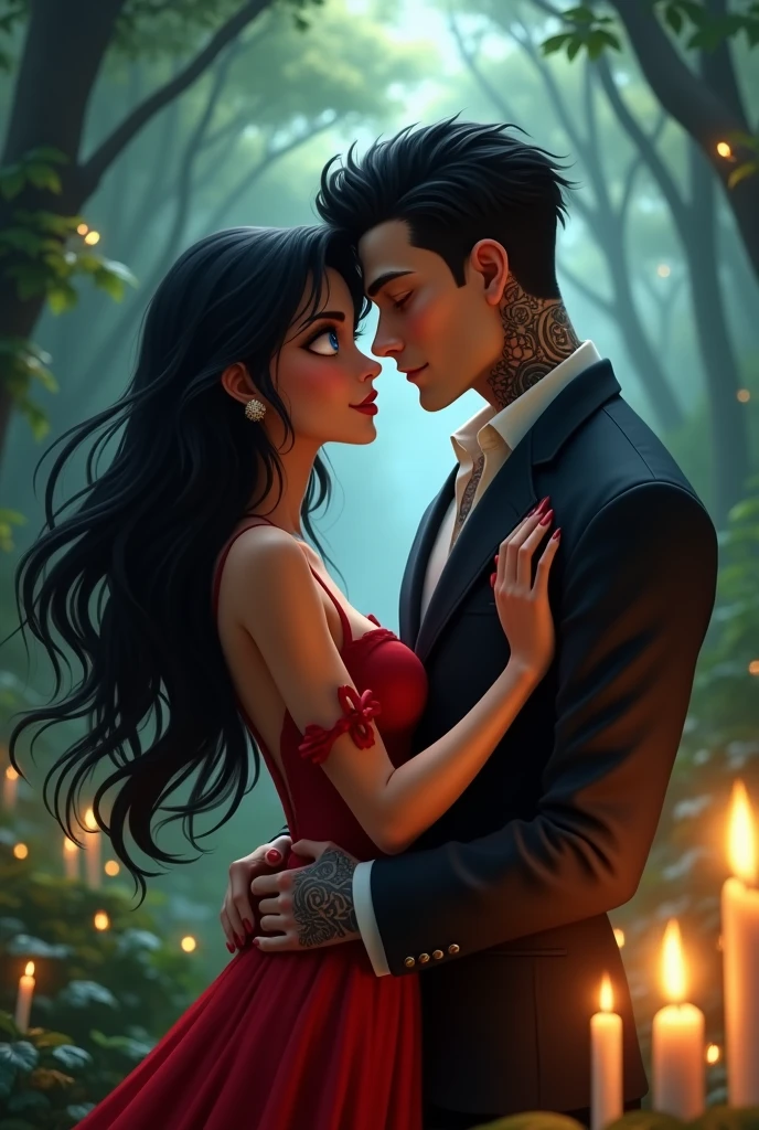 A girl with an extraordinary beauty face, black hair with waves and blue eyes with a red dress highlighted on the body in the forest with candles in the light a little away about 5 cm from the tall guy with black hair up to his ears, his neck tattooed with a suit and dress shirt. Animation style with realistic details. 