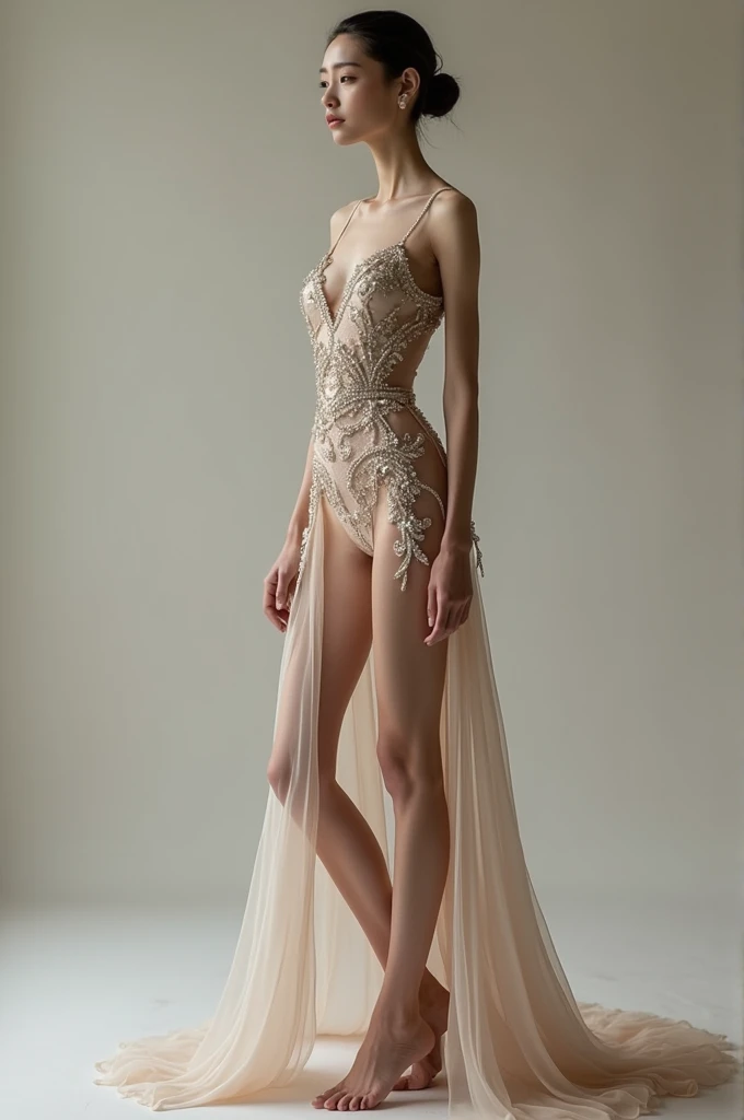 A extremely skinny realistic 40 kg with stunning party dress