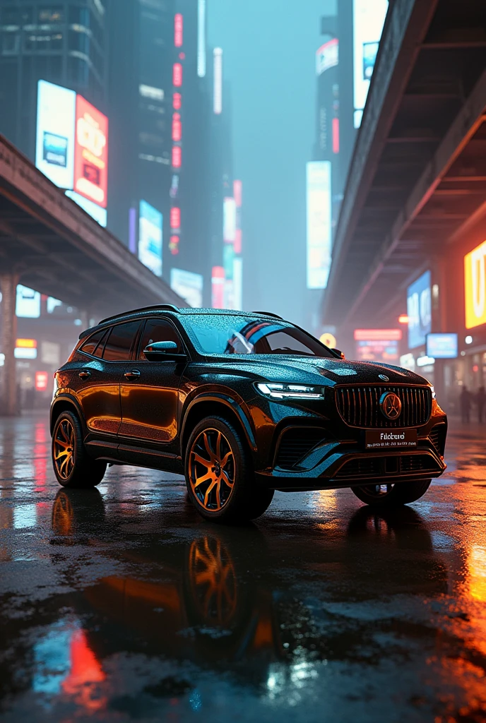 M G hector in cyberpunk city in black colour with alloy wheels in golden colour