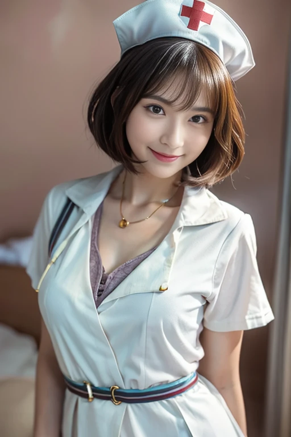 (8k, best quality, masterpiece, super detailed:1.5), (beautiful Japanese woman, shirt cut hair, smile:1.2), (wearing white Nurse's uniform, Nurse's cap :1.5), huge breasts