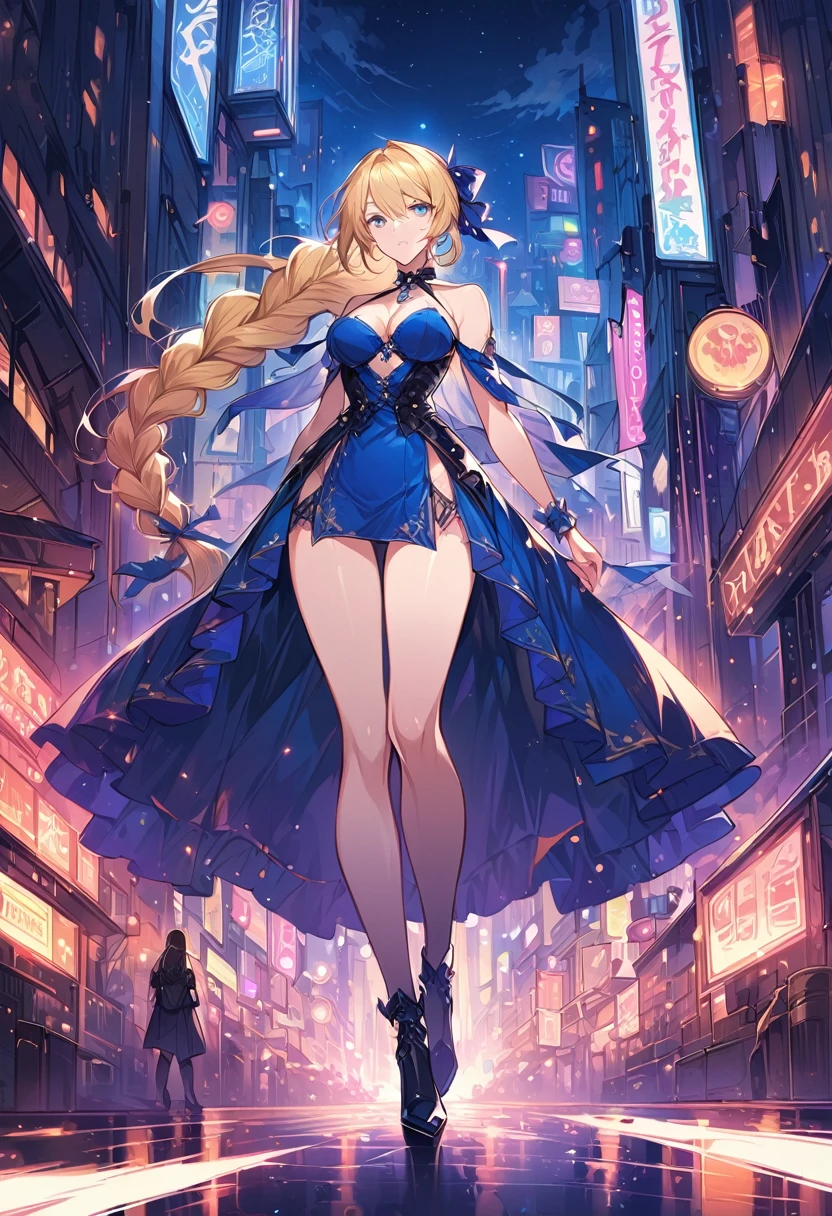 score_9, score_8_up, score_7_up, score_6_up, rating_safe, source_anime, BREAK Stylistic image of Artoria Pendragon (blonde, braid, ribbon, hair ribbon:1.2), BREAK cute blue halter dress, high heels, choker:1.3), BREAK walking in downtown Tokyo, neon lights, Extremely detailed Artgerm, Artgerm on ArtStation Pixiv, BREAK Epic light novel art cover, gorgeous female paladin, trending on artstation pixiv, BREAK midnight, full moon, shallow depth of field, BREAK highly detailed, bokeh, moody, epic, gorgeous, grainy, BREAK (ultra-detailed), (best illustration), (best shadow), (absurdres), (detailed background), (very aesthetic), cowboy shot.