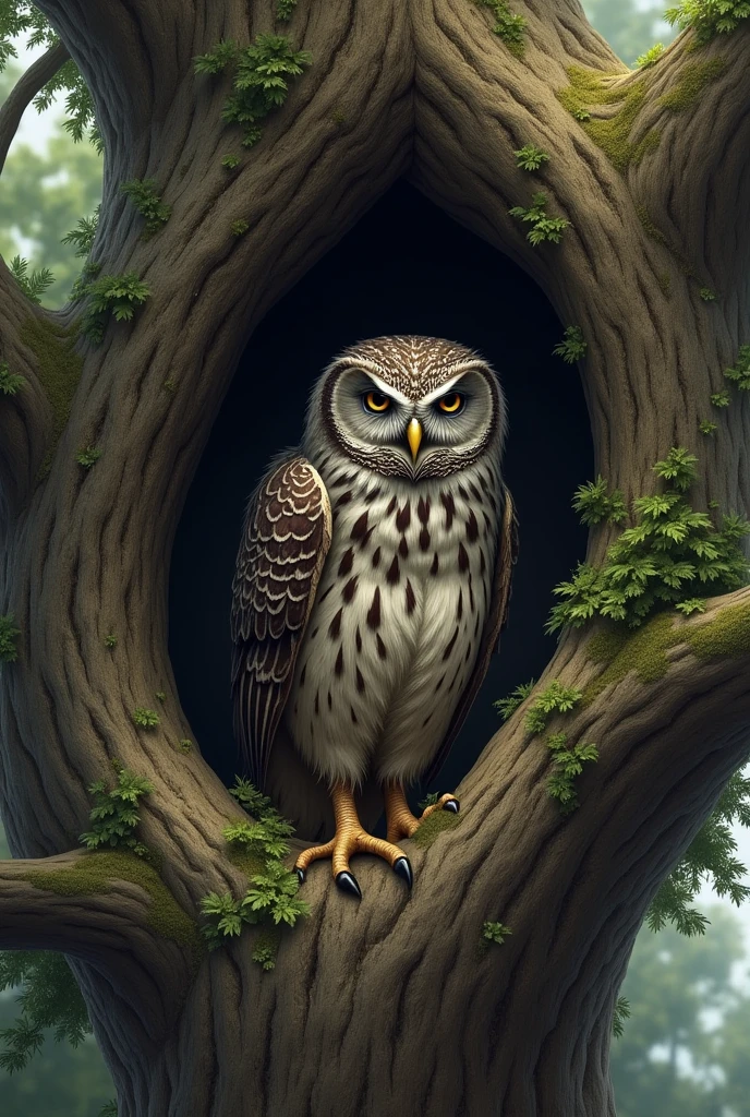 Old owl living in an oak tree