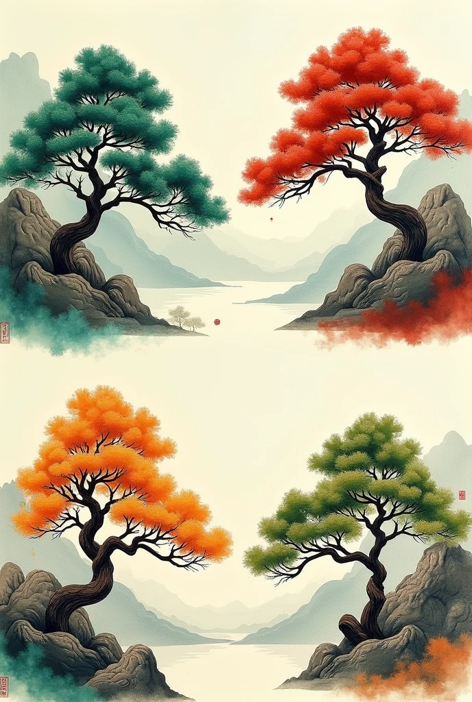 Generate a four-square Chinese painting of pine trees in different colors