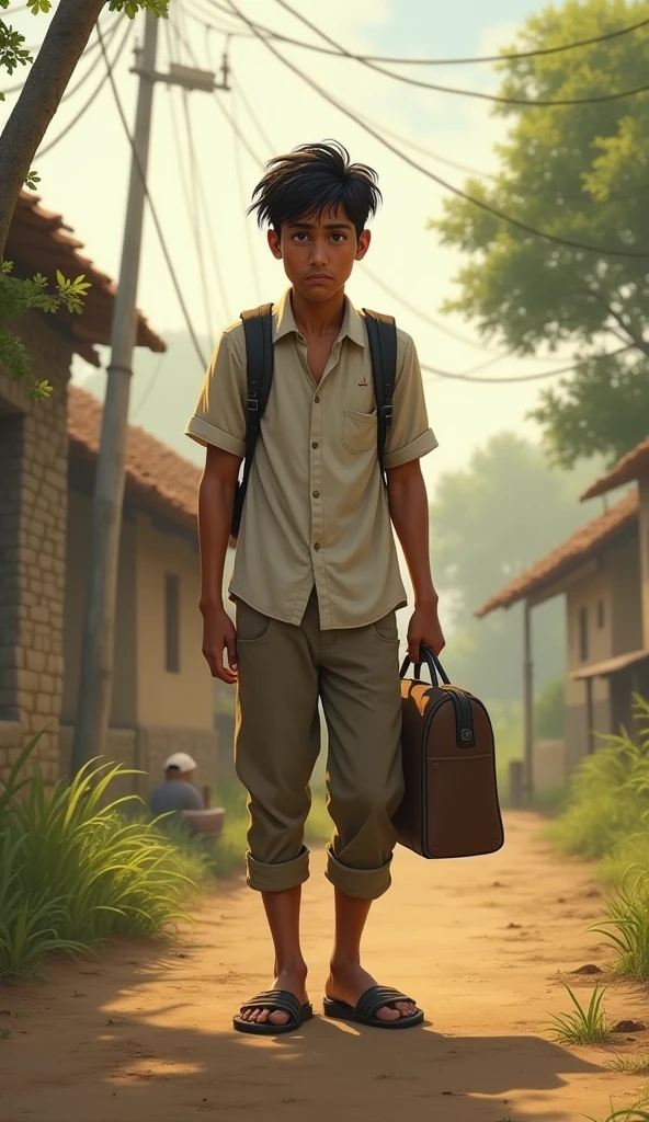 A young man in his early 20s, dressed in simple, modern village attire. Ravi has a restless and eager expression, with eyes that show both determination and frustration. He carries a small bag over his shoulder, symbolizing his journey to seek answers. As the story progresses, Ravi’s expressions soften, reflecting his gradual understanding and acceptance of patience.