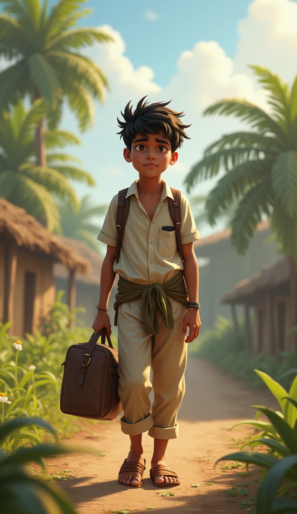 A young man in his early 20s, dressed in simple, modern village attire. Ravi has a restless and eager expression, with eyes that show both determination and frustration. He carries a small bag over his shoulder, symbolizing his journey to seek answers. As the story progresses, Ravi’s expressions soften, reflecting his gradual understanding and acceptance of patience.