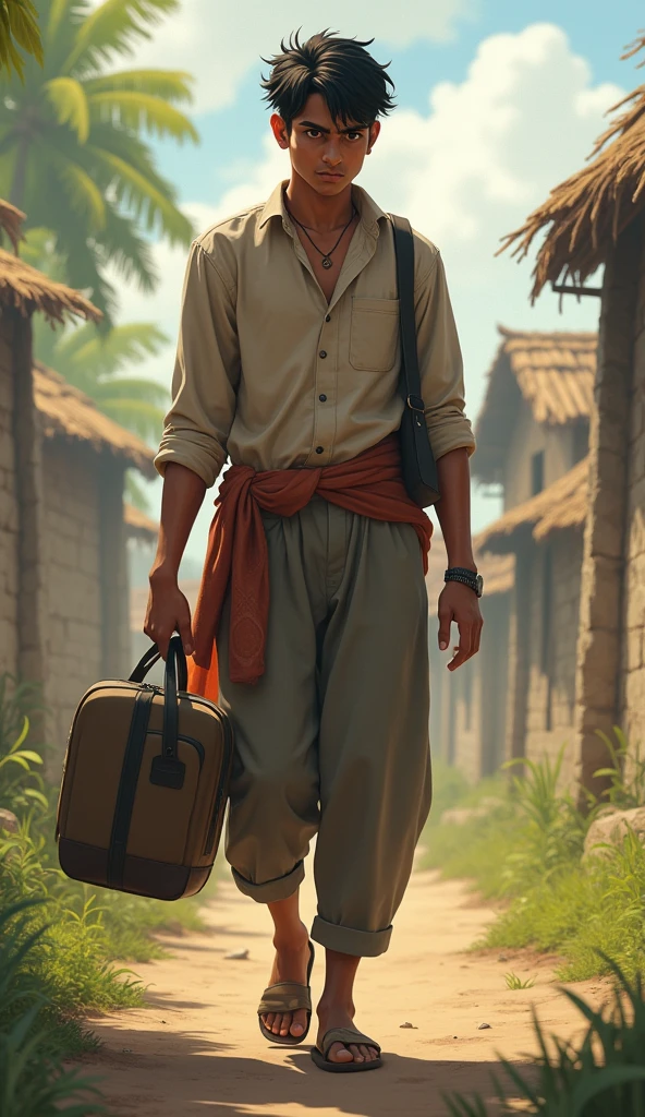 A young man in his early 20s, dressed in simple, modern village attire. Ravi has a restless and eager expression, with eyes that show both determination and frustration. He carries a small bag over his shoulder, symbolizing his journey to seek answers. As the story progresses, Ravi’s expressions soften, reflecting his gradual understanding and acceptance of patience.