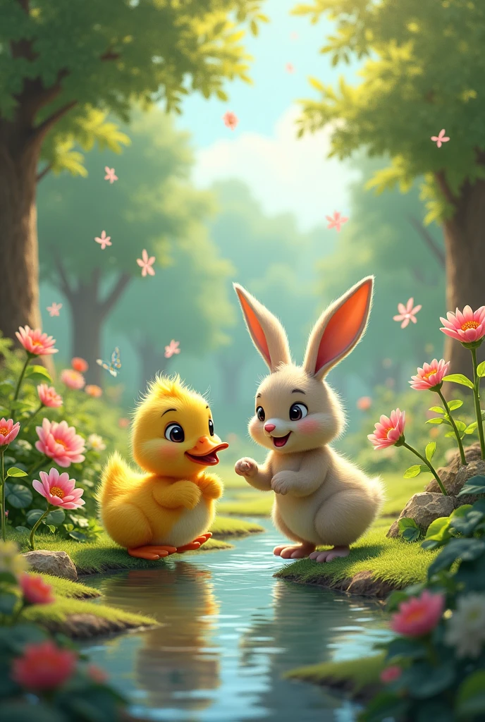 Create a Duck and Rabbit Playing Together With a Garden Background
