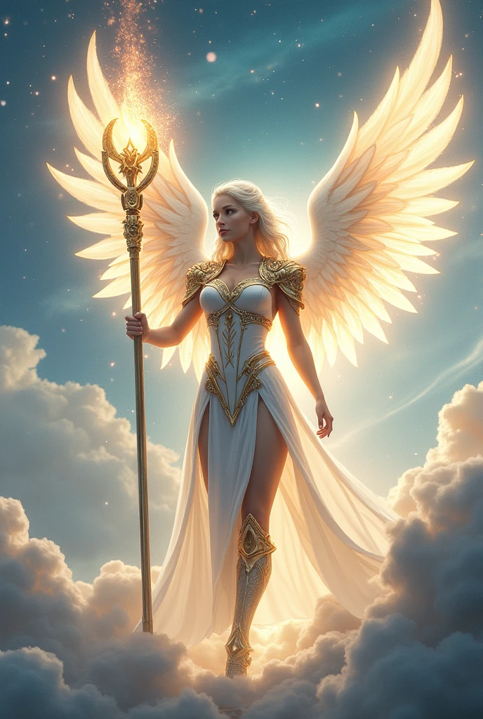 /imagine "Luminous Valkyrie" avatar: elegant and graceful, with white and gold armor, large radiant wings, wielding a staff that emits light, glowing softly, with a celestial or heavenly background --v 5 --ar 16:9