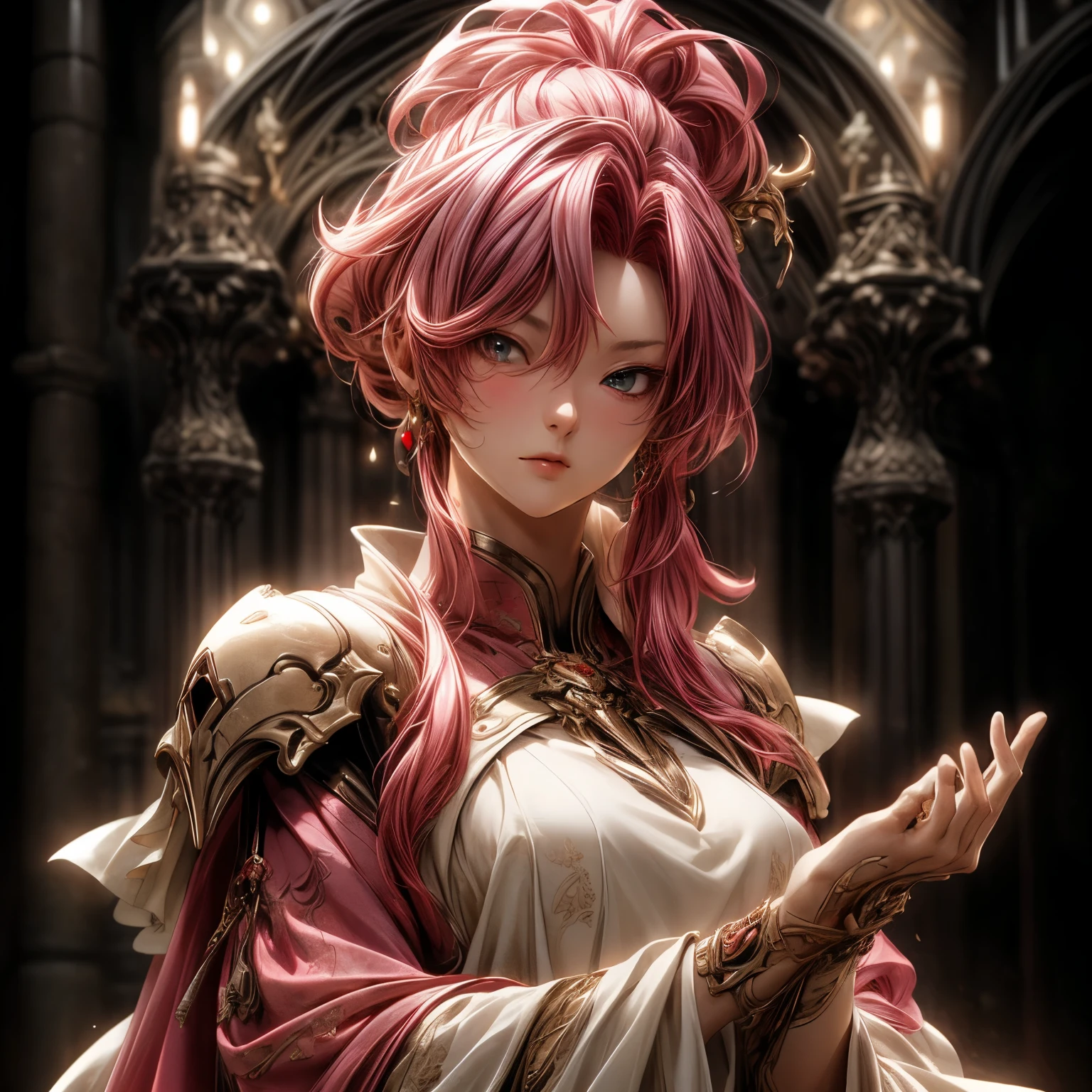 (best quality)), ((Masterpiece)), (details:1.4), 3d, HDR (high dynamic range), an image of a beautiful cyberpunk female, fantasy, pink hair, High ponytail, Golden eyes, จมูกโด่ง, ปากแดง, หน้าอกใหญ่, nvidia RTX, PBR surface, After processing, Anisotropic filtration,depth of field, Maximum clarity and clarity, multi-layered surface, Subsurface scattering, perfect proportions, 8K raw files, ultra detailed, Perfect proportions, volumetric lighting, soft lighting, Holy Paladin, Heavy Red Armor, glossy skin, chapel background, jewely, ต่างหู, นิ้วมือสมบูรณ์,