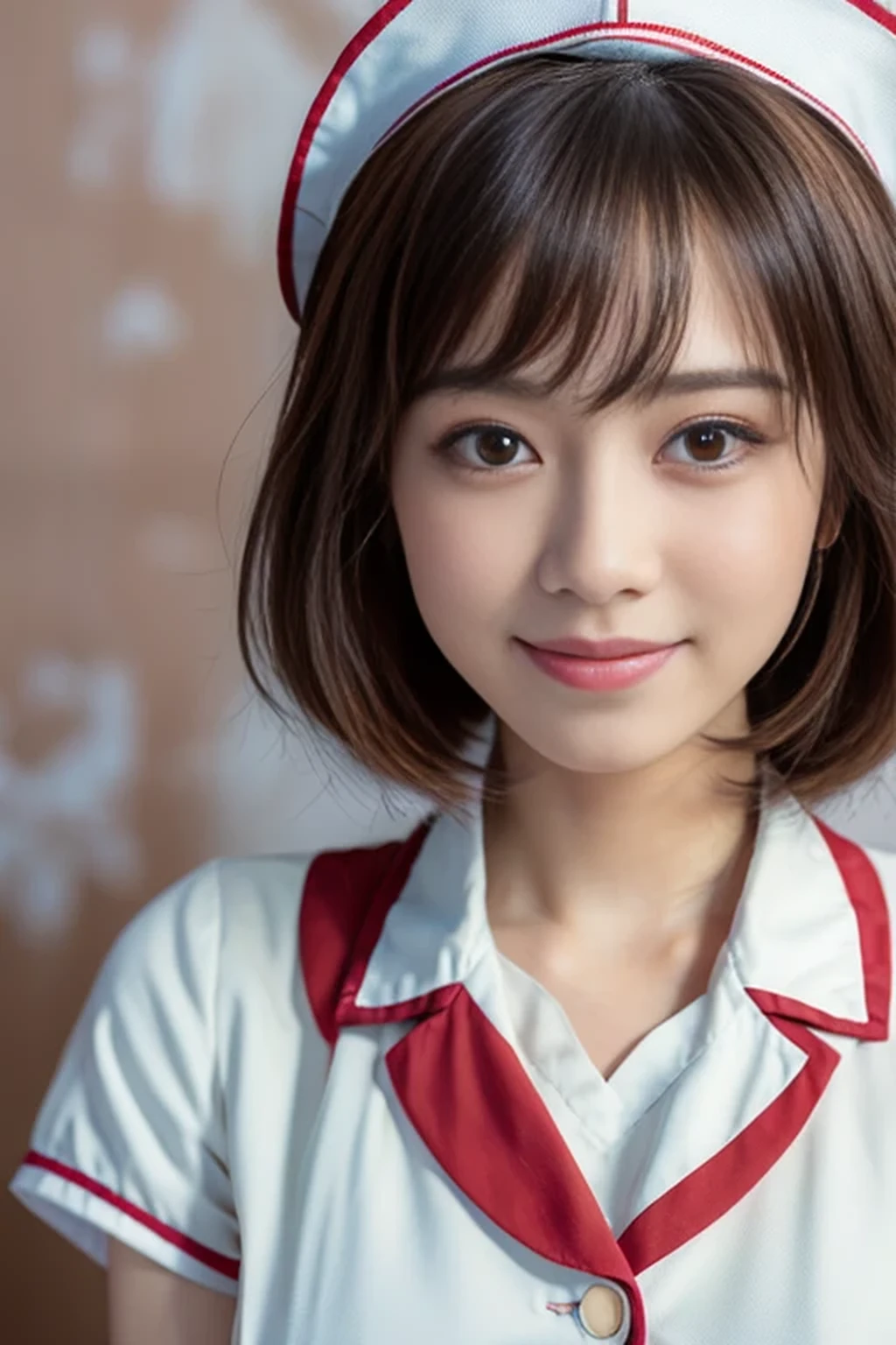 (8k, best quality, masterpiece, super detailed:1.5), (beautiful Japanese woman, shirt cut hair, smile:1.2), (wearing white Nurse's uniform, Nurse's cap :1.5), huge breasts
