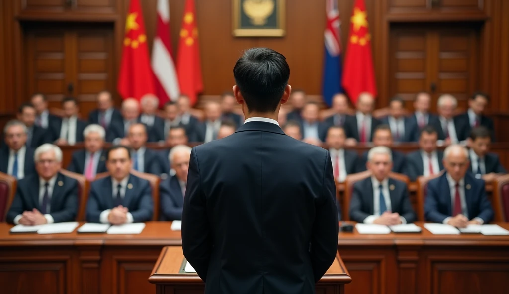 A young Chinese man in a suit is speaking to politicians from various countries sitting in the lecture hall.，Politicians from all over the world are looking at men