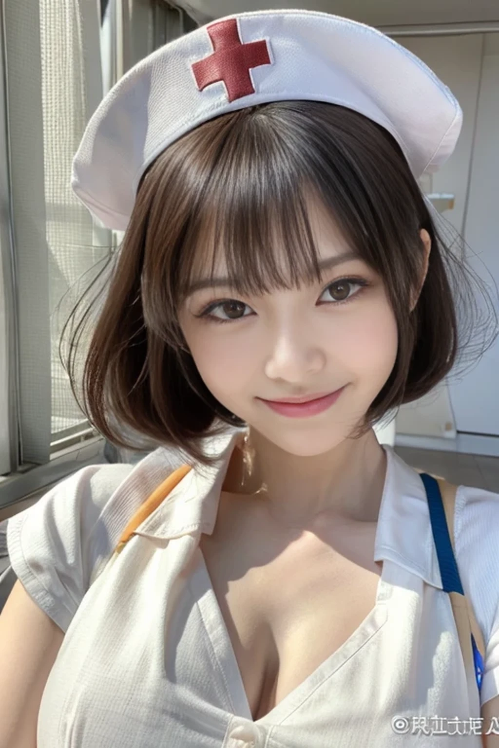 (8k, best quality, masterpiece, super detailed:1.5), (beautiful Japanese woman, shirt cut hair, smile:1.2), (wearing white Nurse's uniform, Nurse's cap :1.5), huge breasts