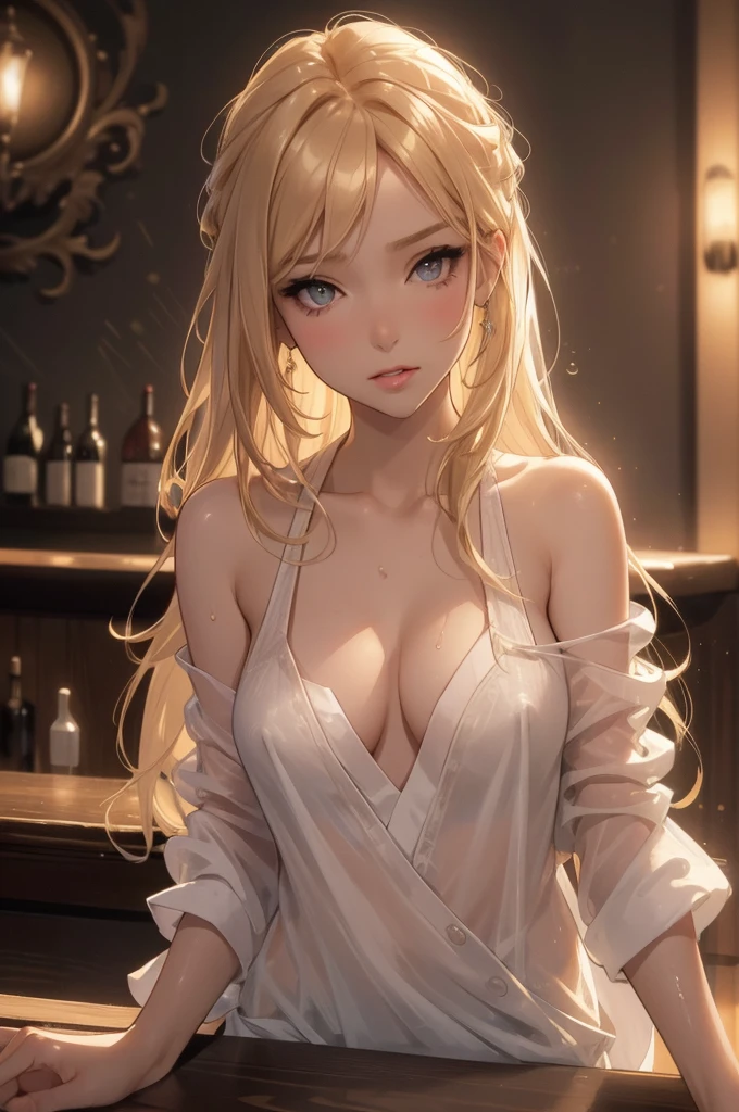 girl at a nightclub sitting at bar, eyeliner (masterpiece) (best quality) (detailed) (8k) (HDR) (wallpaper) (cinematic lighting) (sharp focus) (intricate) blonde hair, biting lip, medium hair, white and gold, sexy, blush, aroused, cleavage, shiny , wet skin, girl, dark makeup, action pose, jumping over bar