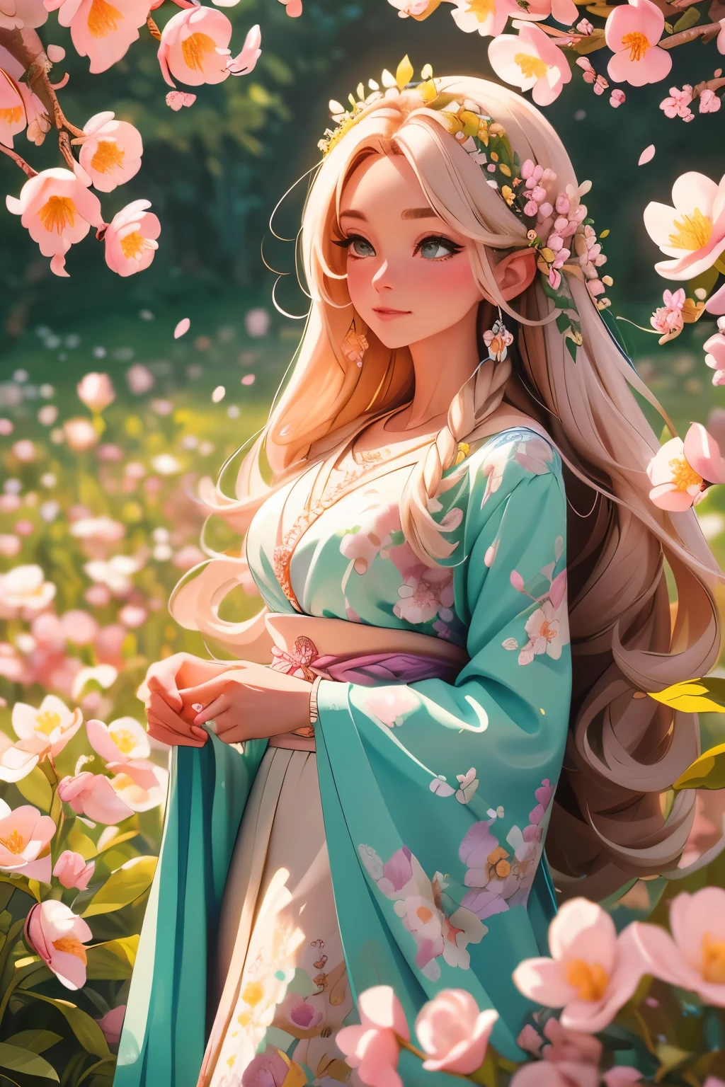 A hyper-realistic detailed intricate image of 'Enchanted Blossom Valley', where a myriad of colorful flowers bloom and the air is filled with the fragrance of spring. A traveler discovering an ancient rite among the blossoms, a moment that promises a transformative experience.