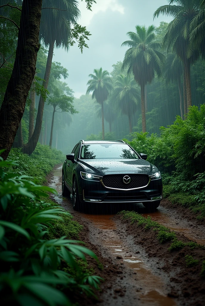 A car is going in the jungle and rain in coming