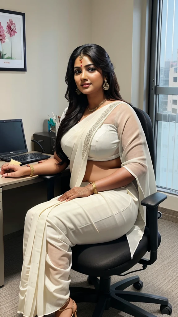 Photo taken from distance, wide shot, South Indian plus sized 2 bride wearing white saree wearing women sitting on a chair, in a office room