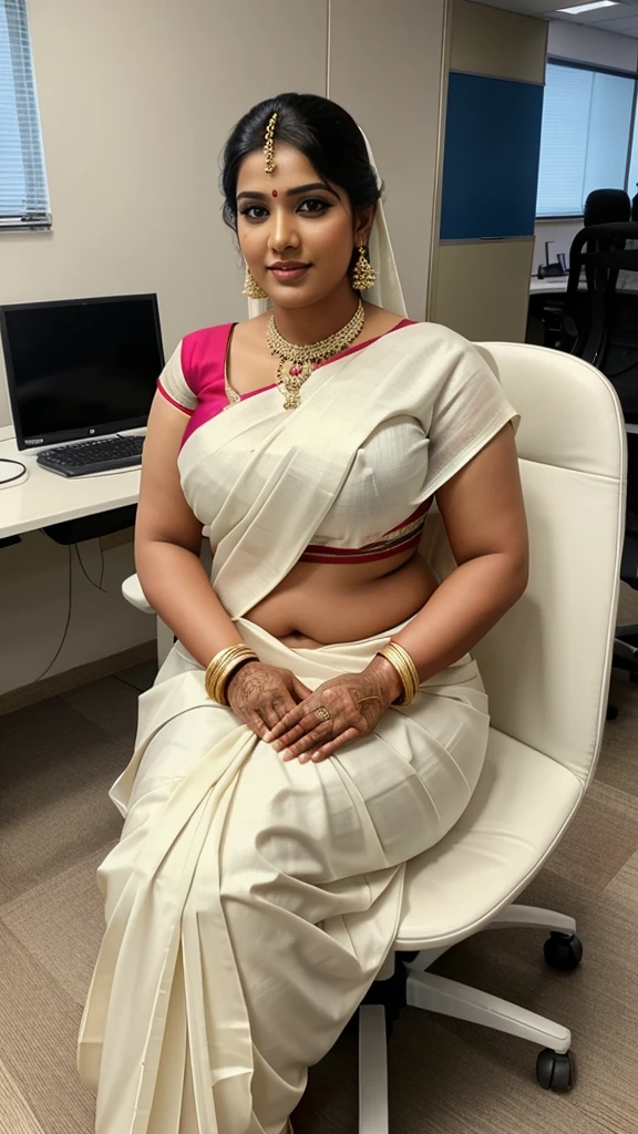 Photo taken from distance, wide shot, South Indian plus sized 2 bride wearing white saree wearing women sitting on a chair, in a office room