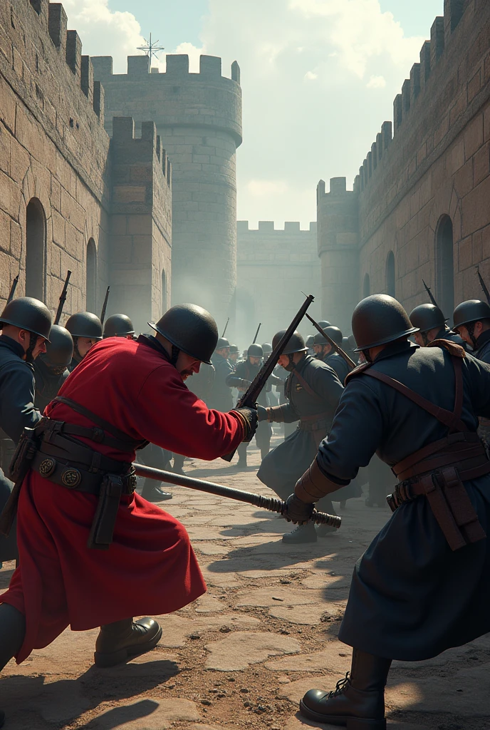 3 red Soldier and 4 black Soldier fight in tha Fort creat image