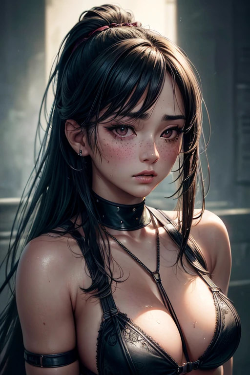 Kaori, Single model, solo, half Asian, half Latino, very long straight black hair, high ponytail, freckles, blushing, wet eyes, long chain pendant, very large heavy breasts, chubby, belly, stretchmarks, (best quality,4k,8k,highres,masterpiece:1.2),ultra-detailed,(realistic,photorealistic,photo-realistic:1.37),detailed portrait, cinematic lighting, natural skin texture, intricate details, dramatic colors, moody atmosphere, heavy eye shadow, mascara, (bondage harness :1.2), scrappy green lingerie 