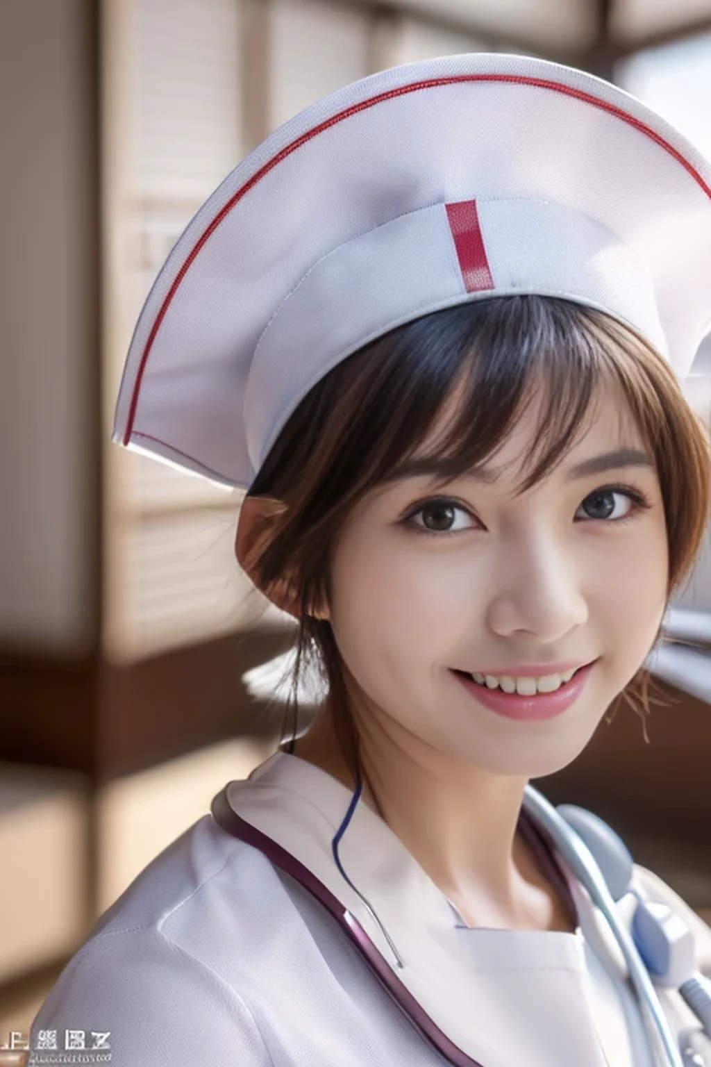(8k, best quality, masterpiece, super detailed:1.5), (beautiful Japanese woman, shirt cut hair, smile:1.2), (wearing white Nurse's uniform, Nurse's cap :1.5), huge breasts