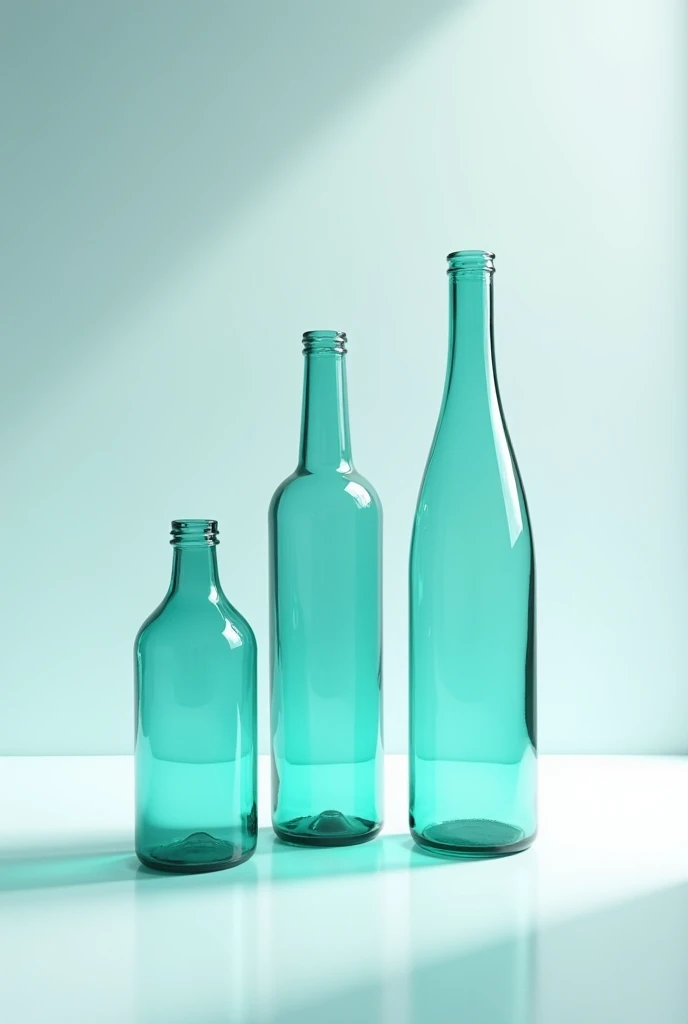 Draw three Aqua bottles from an eye-level perspective. The first bottle is 15 cm tall, positioned in the front. Use projection lines to determine the heights of the following bottles. The main light source is from the top left corner, casting shadows accordingly.