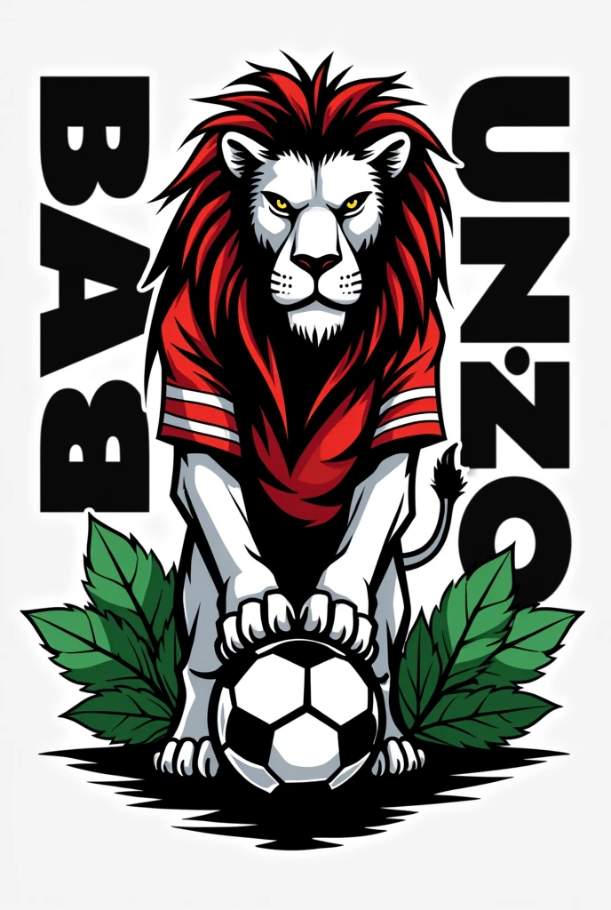 create a logo of a black and white lion with dreadlocks in red and green colors head standing and stepping on a football dressed in a football team uniform in red and green colors without shield and logo and the name BABA UNIÃO very large on the side surrounding the image