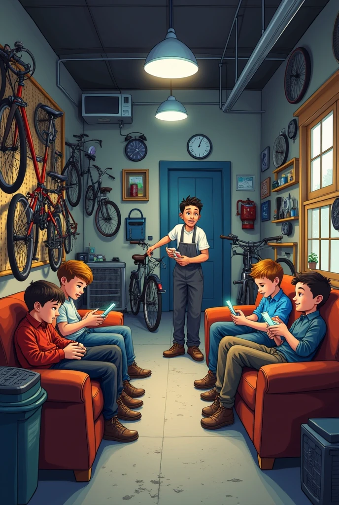 In garage 4 boys sit sofas and one man repair bikes and boys playing pubg in mobile in garage all bike material