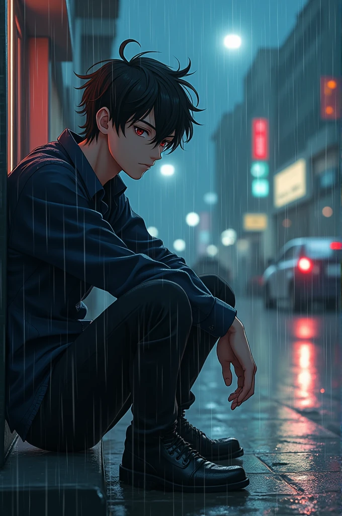 Generate a cool anime boy sitting in rain 