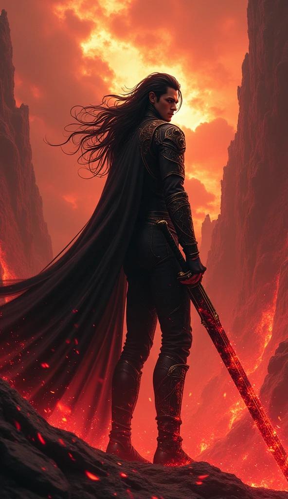 In the infernal domain of Pandemonium, a striking fusion of darkness and chaos takes shape. The scene is set against a backdrop of fiery chasms and molten lava, with towering, twisted structures and a blood-red sky filled with ominous clouds. Amidst this chaotic landscape, a powerful male figure stands, embodying both the essence of Vortex and Pandemonium. He sports long, flowing black hair and a sleek black leather suit adorned with demonic symbols and chaotic energy. In his hand, he wields a massive sword that glows with a fiery, otherworldly light, reflecting the turbulent energy of the realm. His entire form is surrounded by a swirling aura of dark flames and chaotic power, creating a dramatic contrast against the hellish environment. The atmosphere is charged with a sense of impending doom, as if the very fabric of reality is being torn apart by his presence. The combination of Vortex’s menacing elegance and the raw, destructive power of Pandemonium results in a visually stunning and terrifying figure.







