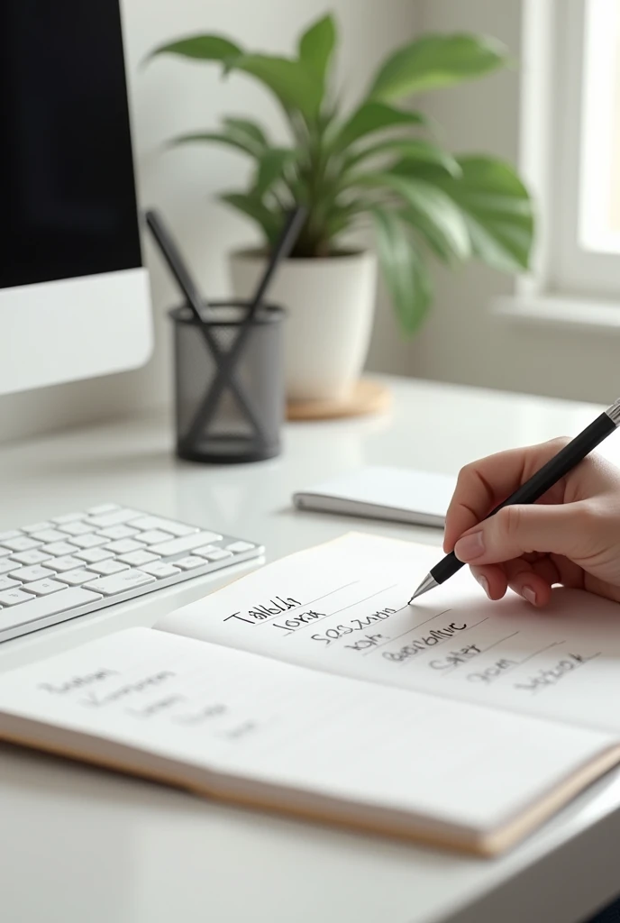 An organized desk with a visible list of tasks on a notepad.