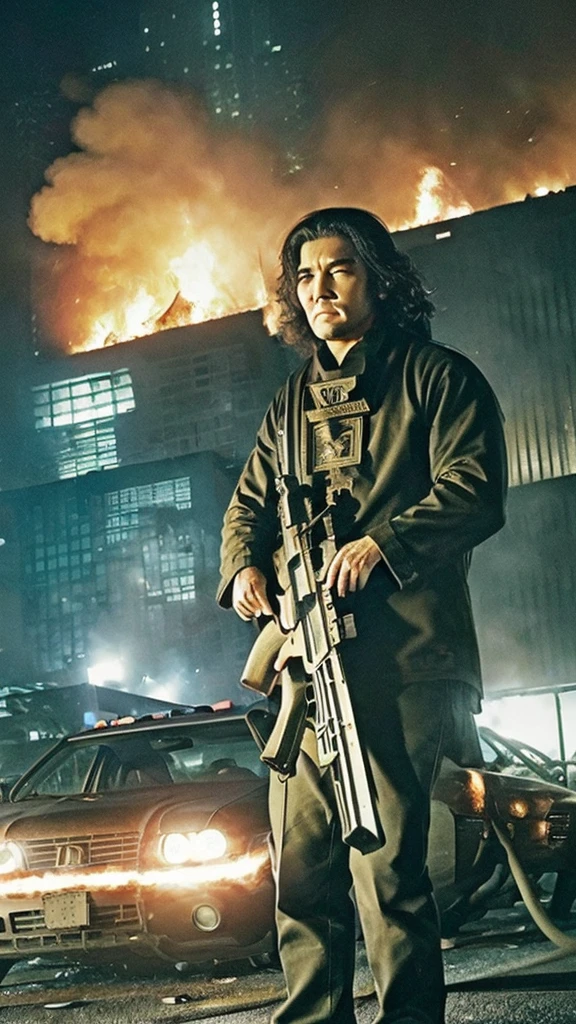 独奏, mafia, Rainer Winkler, (((Dragon Lord Rainer Winkler))), length hair, (((Assault rifle))), New York, (((Tall buildings))), at night, (((Burning cars)))