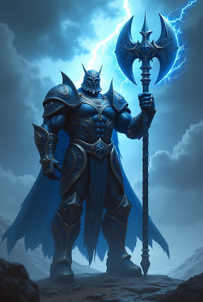 /imagine "Storm Warden" avatar: robust and strong, dark blue and silver armor, with stormy and lightning effects, wielding a massive storm-themed axe, stormy clouds and lightning in the background --v 5 --ar 16:9