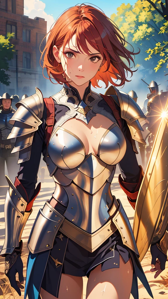 ((((masterpiece, Highest quality, High resolution)))), Extremely detailed 8K, 1 female, Wearing armor like a warrior, (Ultra HD, Very detailed, Very detailed, Very realistic, Ultra-realistic, Photo Real), (One person:1.5), (Realistic red hair), (Dynamic pose), To the camera, View your viewers, (Serious and calm face), (Normal black eyes, Sharp eyes), (Firm breasts:1.2), (Beautifully detailed face, Beautiful attention to detail), ((Armor damaged)), (Preparing for Battle), Sweat, Shine, (Sunbeam, sunlight), ((Cowboy Shot)), Battlefield Background, Fascinating, EnvyBetterHands LoCon,