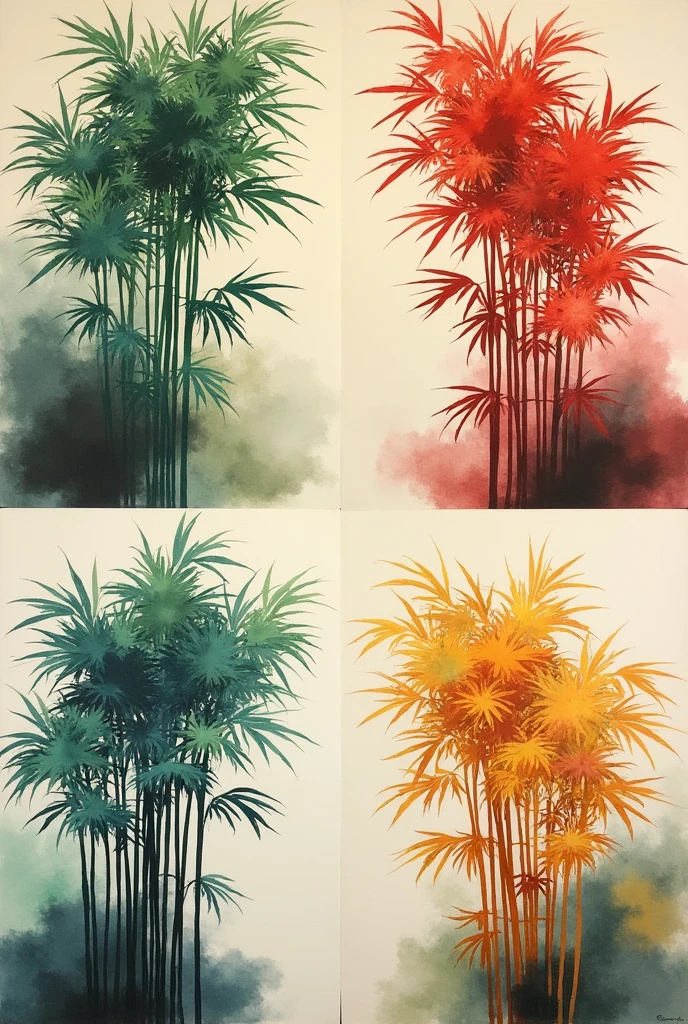 Generate a four-square Chinese painting of bamboo in different colors