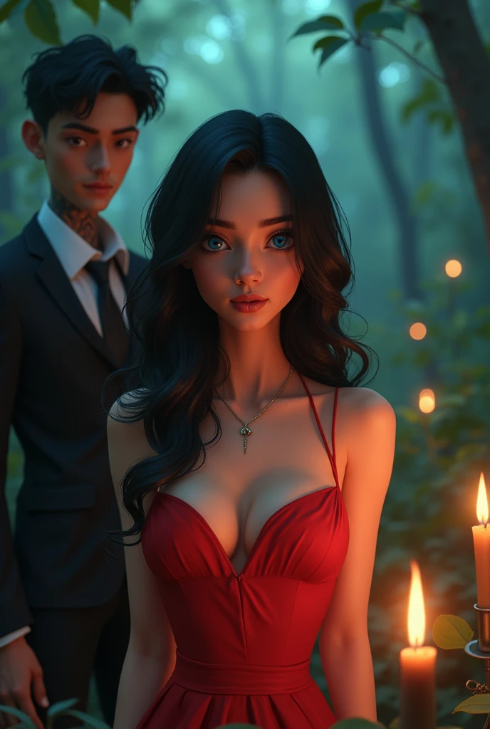 A girl with extraordinary beauty Black hair with waves and blue eyes with a red dress highlighted on the body in the forest with candles in the light a little away about 5 cm from the tall guy with black hair up to his ears, his neck tattooed with a suit and dress shirt Animation style with realistic details