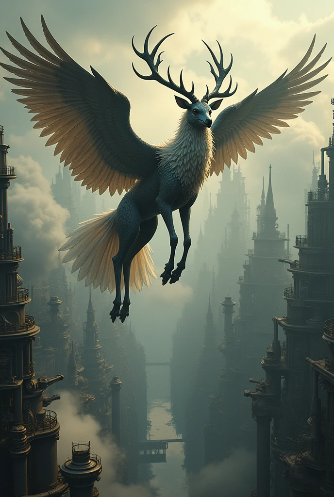 A mythical creature, half-deer, half-eagle, flying over a steampunk city, neo-noir, steam, gears, Art Nouveau style, 8K, mysterious atmosphere.