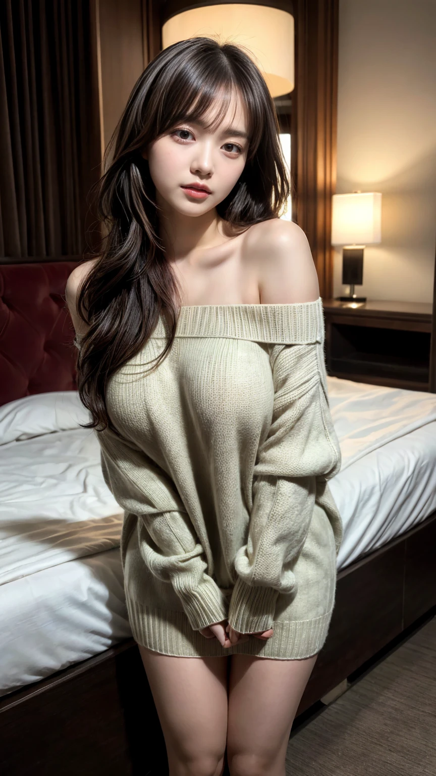 (masterpiece), (best quality, highres, highly-detailed, illustration), 1girl, solo, city, contemporary, black wavy long hair, green eyes, beautiful detailed eyes, proportional face, big breast, huge breast, gigantic breast, she only wear a white off-the-shoulder sweater,8k, trending on ArtStation, featured on Pixiv, hotel room, night, full body, perfect hands, perfect legs.