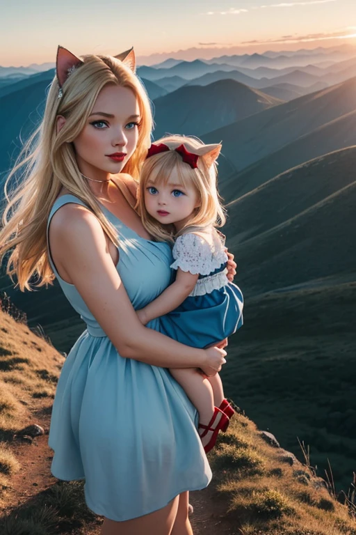 Mountain landscape. Woman with blonde long hair, blue eyes, cat ears, red lips short light blue dress and high heels stands on a mountain and watches dreamily sunset. She holds her little daughter in her arms