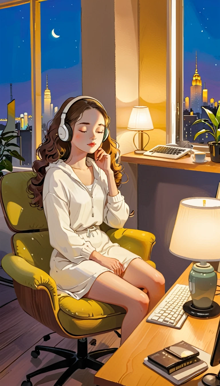 A young woman is sitting comfortably in a modern, cozy room with a cityscape visible through a large window at night. The main object of focus is the woman, who appears to be in her late s or early twenties. She has long, wavy brown hair and is wearing a pair of large over-ear headphones. Her eyes are closed, and she has a serene, relaxed expression on her face as she listens to music. The woman is seated in a plush armchair, which is positioned to the right of a wooden desk. On the desk, there is a modern desktop computer, a ceramic coffee mug, and a small potted plant. A desk lamp with a warm, yellow glow is placed on the left side of the desk, casting a soft light over the scene. The light from the lamp is the primary light source, illuminating the woman and creating gentle shadows around her. In the background, the large window offers a stunning view of the city at night, with numerous skyscrapers and their illuminated windows creating a vibrant, urban atmosphere. The room itself is painted in neutral tones, with the walls adorned with minimalistic decor. The overall color scheme of the image features warm tones from the lamp and the cooler tones of the night cityscape, creating a balanced and visually appealing contrast. The perspective of the image is from a slight angle, allowing for a clear view of the woman, the desk, and the background cityscape. The size of the image is rectangular, with a wide aspect ratio that captures the breadth of the scene. The theme of the image is calm and relaxation, with an emphasis on the soothing environment and the woman's peaceful state.