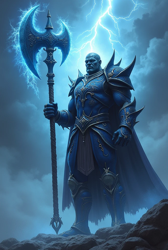 /imagine "Storm Warden" avatar: robust and strong, dark blue and silver armor, with stormy and lightning effects, wielding a massive storm-themed axe, stormy clouds and lightning in the background --v 5 --ar 16:9