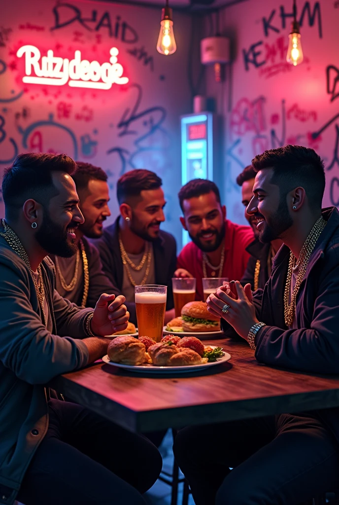 Turkish rappers with chains eating hamburger and drinking beer together, neon lights, graffitis on the walls, a bar