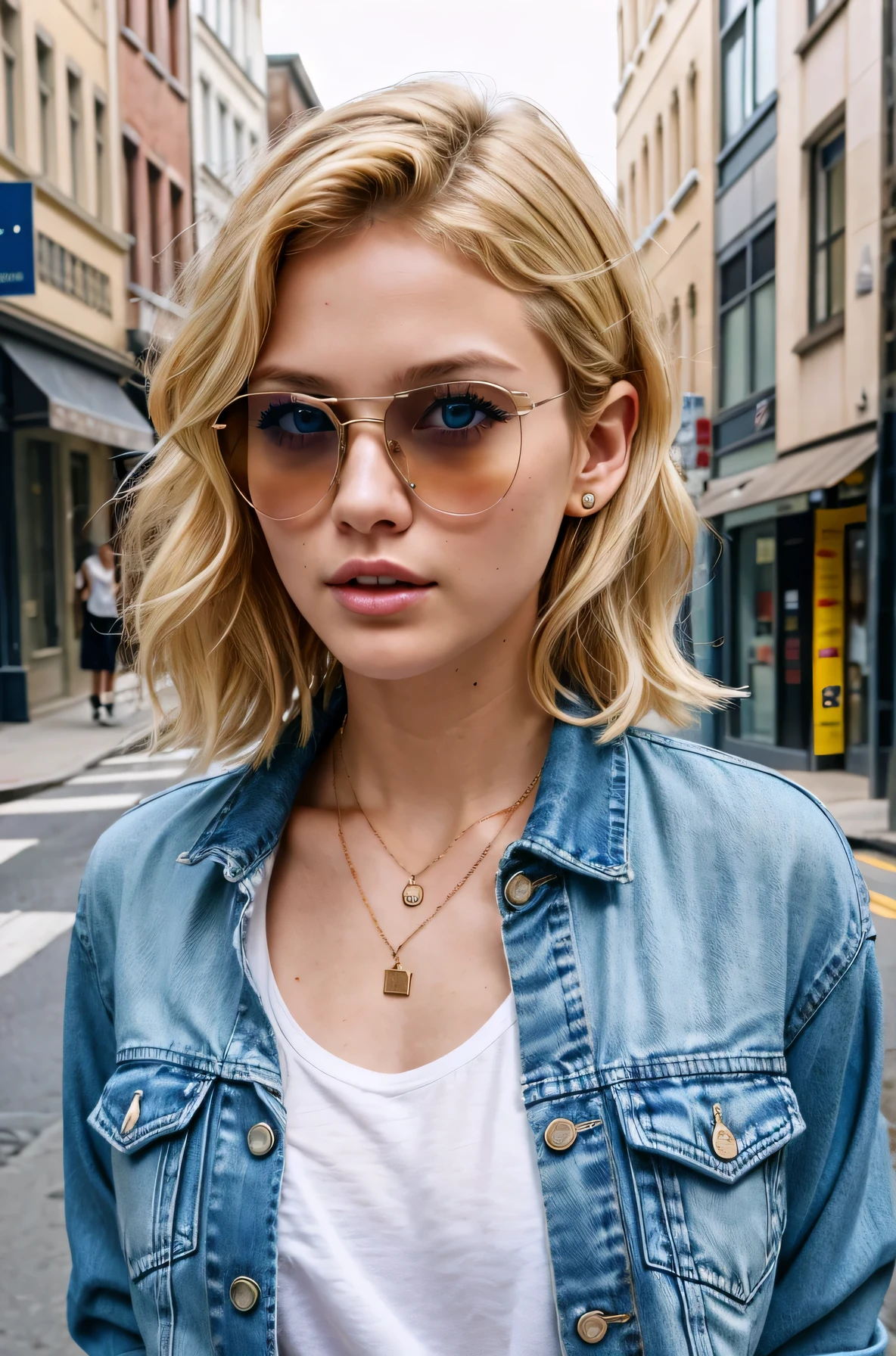 Blonde Caucasian Woman、, Wavy Hair、short hair、, blue eyes,、Please open your mouth a little、Denim jacket、shirt、sunglasses、ear piercing、necklace、、The background is a city street