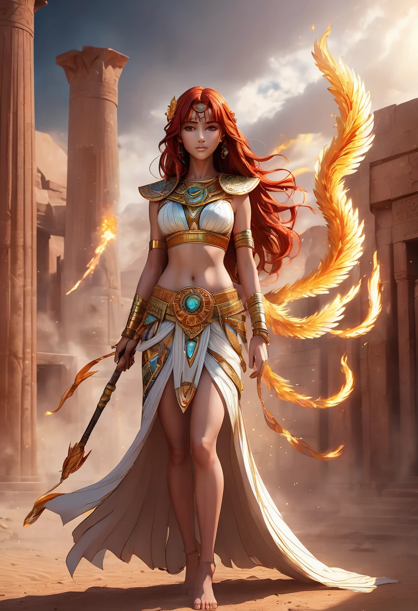 4K anime style quality, digital drawing mode, Ancient Egypt-themed anime female character, fiery red hair flowing like flames, glowing golden eyes, wearing an ornate Egyptian robe with phoenix motifs, holding a staff with a phoenix emblem, Blur the background to create a three-dimensional effect, atmosphere, standing in ancient desert ruins surrounded by rising flames and ashes, radiant skin, powerful and determined expression, full body, dynamic pose, life size, perfect anatomy, detailed skin texture, full HD, 4K, HDR, perfect anatomy, depth of field.