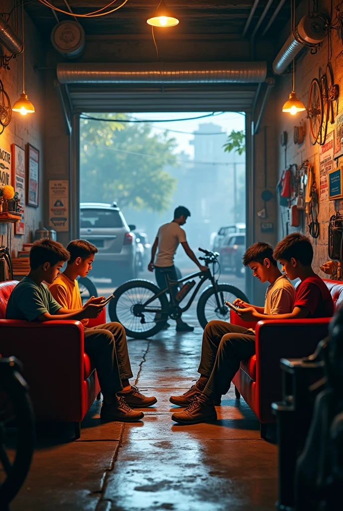 In garage 4 boys sit sofas and one man repair bikes and boys playing pubg in mobile in garage all bike material in india 