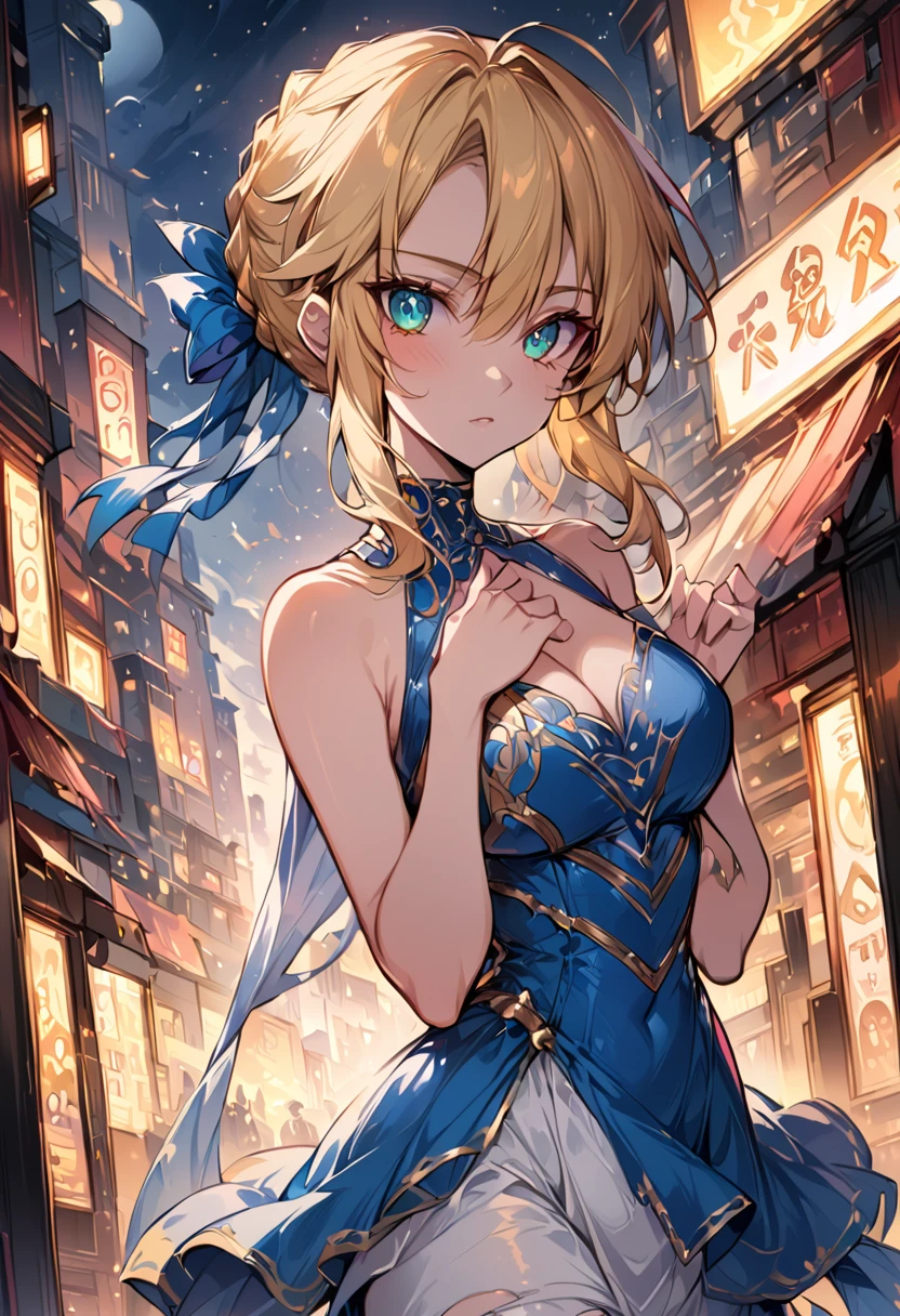 score_9, score_8_up, score_7_up, score_6_up, rating_safe, source_anime, BREAK Stylistic image of Artoria Pendragon (blonde, braid, ribbon, hair ribbon:1.2), BREAK cute blue halter dress, high heels, choker:1.3), BREAK walking in downtown Tokyo, neon lights, Extremely detailed Artgerm, Artgerm on ArtStation Pixiv, BREAK Epic light novel art cover, gorgeous female paladin, trending on artstation pixiv, BREAK midnight, full moon, shallow depth of field, BREAK highly detailed, bokeh, moody, epic, gorgeous, grainy, BREAK (ultra-detailed), (best illustration), (best shadow), (absurdres), (detailed background), (very aesthetic), selfie.