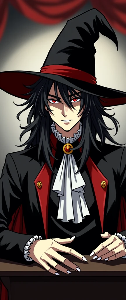 Alucard from the Hellsing series wears a black robe and his clothes are mostly black with very little white, he wears noble clothes, the iris of his eyes is red with vertical pupils.